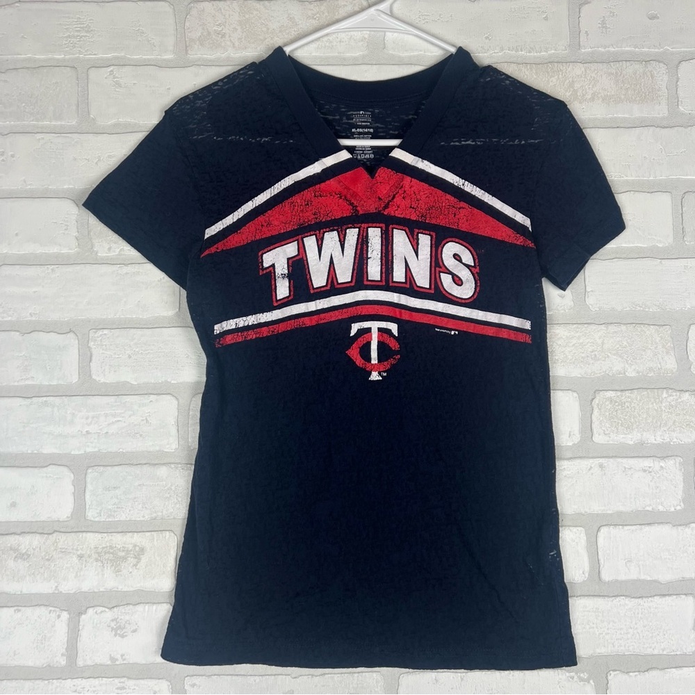 Minnesota Twins MLB Burnout V-Neck T-Shirt Navy‎ Blue Distressed Youth XL 14/16